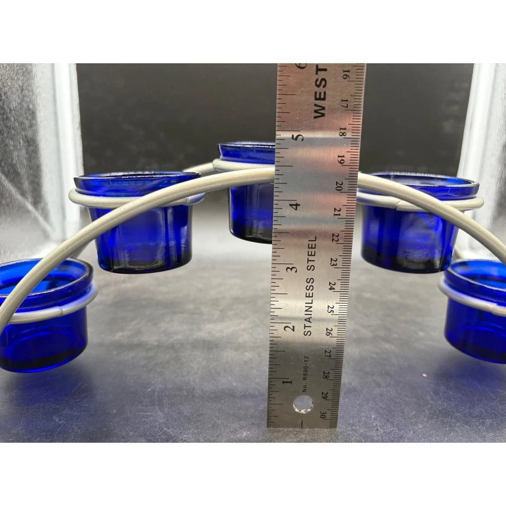 Cobalt Blue Glass Votive Candle Holder Set 5 Cup Arched Silver Metal Stand 12in